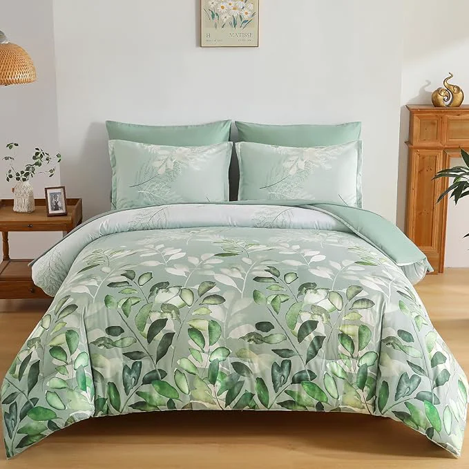 Exceptional Anibedding Sage Green Queen Comforter Set 7 Piece Botanical Gradient Leaves Ultra Soft Microfiber Down Bedding Set with Sheets and Bedroom for All Season Professional