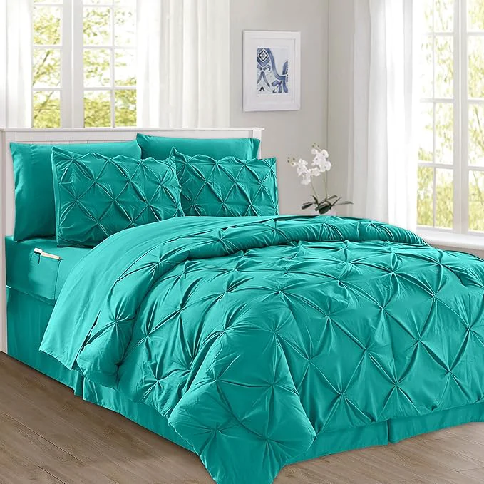 Pure Elegant Comfort 8-Piece Pinch Pleated Comforter Set – All Season Complete Bed in a Bag Includes 4pc Smart Sheet Set Bed Skirt Comforter Matching Pillowcases and Shams King Cal King Teal Functional