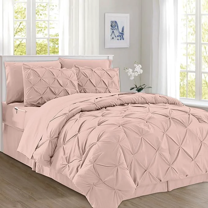 Powerful Elegant Comfort 8-Piece Pinch Pleated Comforter Set – All Season Complete Bed in a Bag Includes 4pc Smart Sheet Set Bed Skirt Comforter Matching Pillowcases and Shams Full Queen Blush Pink Flexible