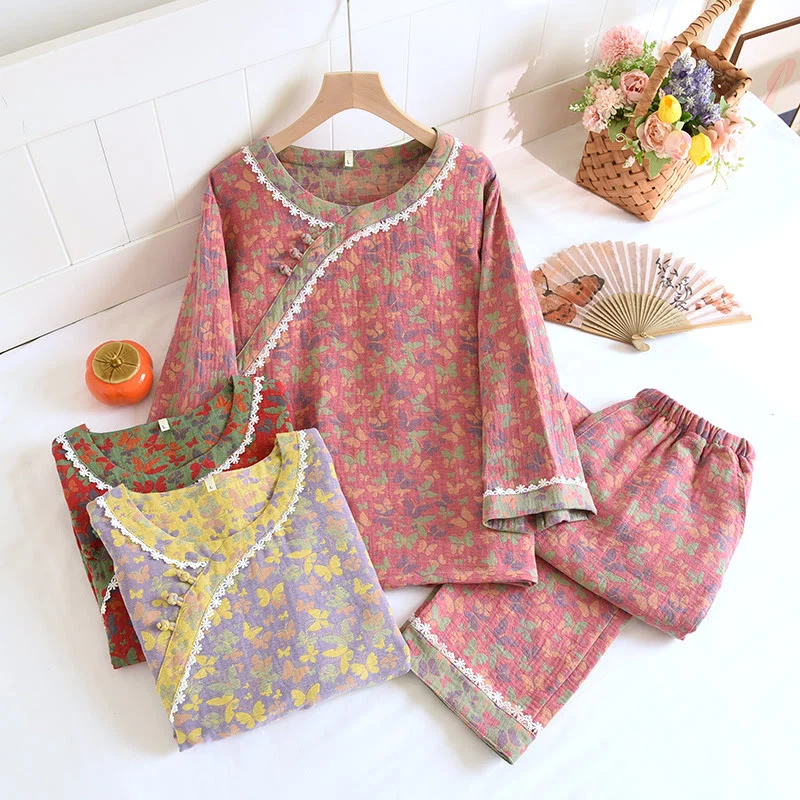 Versatile Ownkoti Cotton Gauze Jacquard Butterfly Pajama Set Genuine
