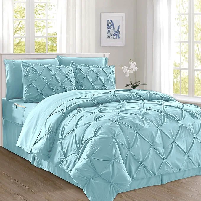 Genuine Elegant Comfort 8-Piece Pinch Pleated Comforter Set – All Season Complete Bed in a Bag Includes 4pc Smart Sheet Set Bed Skirt Comforter Matching Pillowcases and Shams Full Queen Sky Blue Comfortable