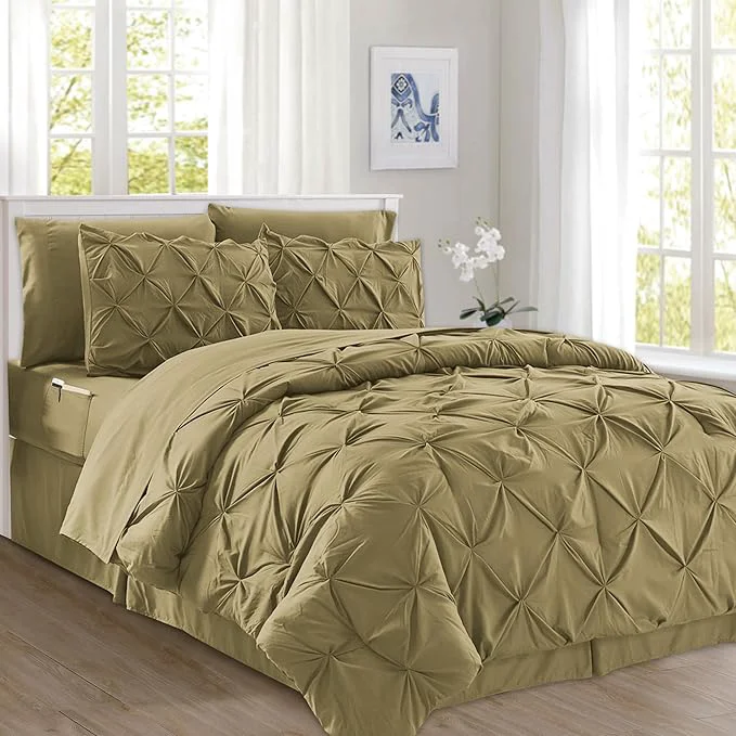 Luxury Elegant Comfort 8-Piece Pinch Pleated Comforter Set – All Season Complete Bed in a Bag Includes 4pc Smart Sheet Set Bed Skirt Comforter Matching Pillowcases and Shams King Cal King Khaki