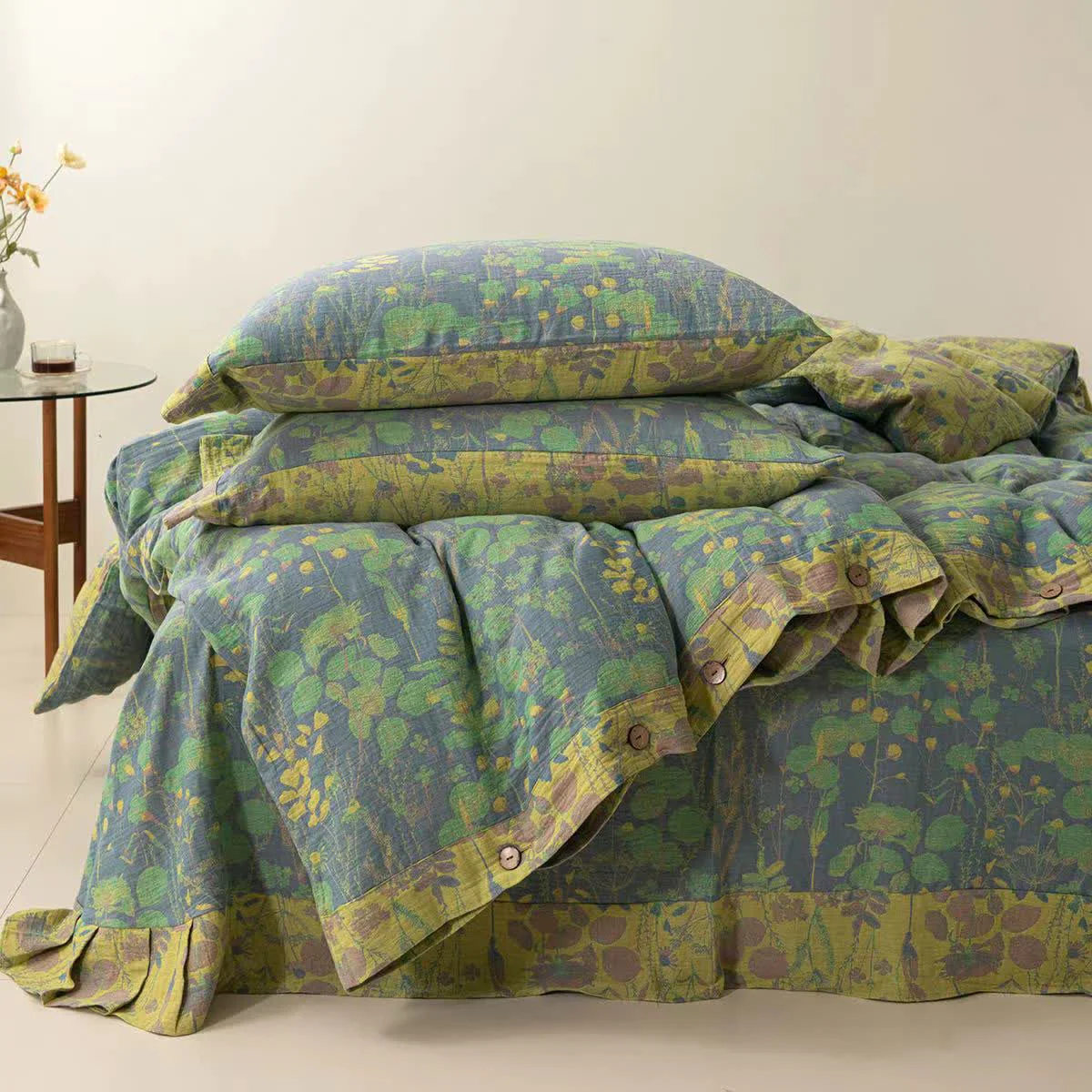 Expertly Made Ownkoti Lotus Pond Cotton Gauze Button Bedding Set 4PCS Relaxed