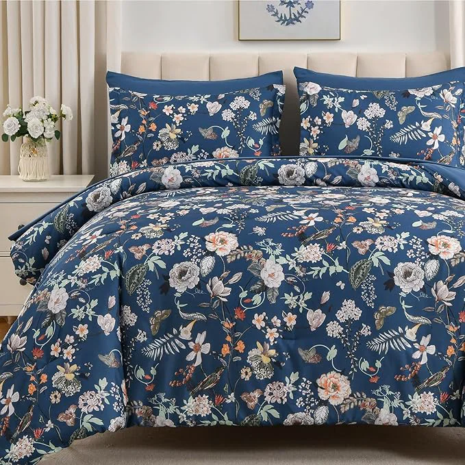 Unique 7 Piece King Comforter Set Peacock Blue Butterfly Floral Comforter Set with Flowers Leaves Pattern Soft Microfiber Complete Bedding Set for All Season Peacock Blue King Luxury