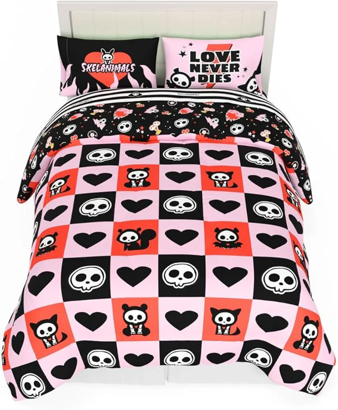 Expertly Made Skelanimals Bedding 7 Piece Full Bed Set Soft Checkered Comforter and Sheet Set with Sham Kit The Cat ly Licensed Product by Franco Collectibles User-Friendly