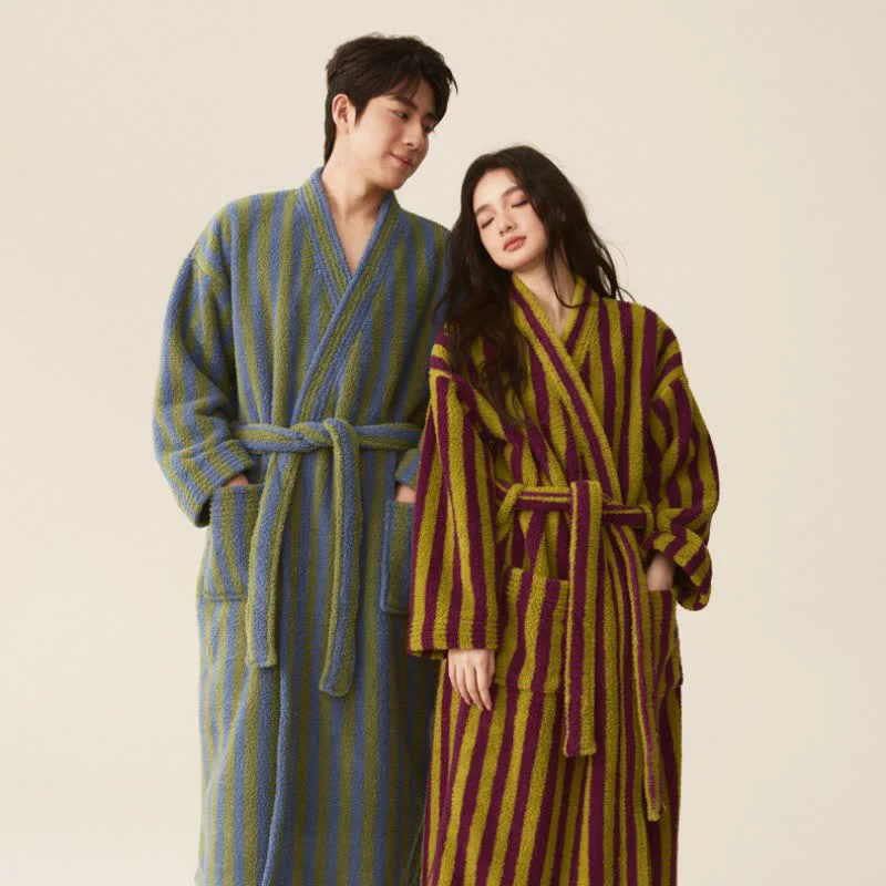 Premium Ownkoti Winter Fleece Modern Stripe Long Bathrobe Next-Generation