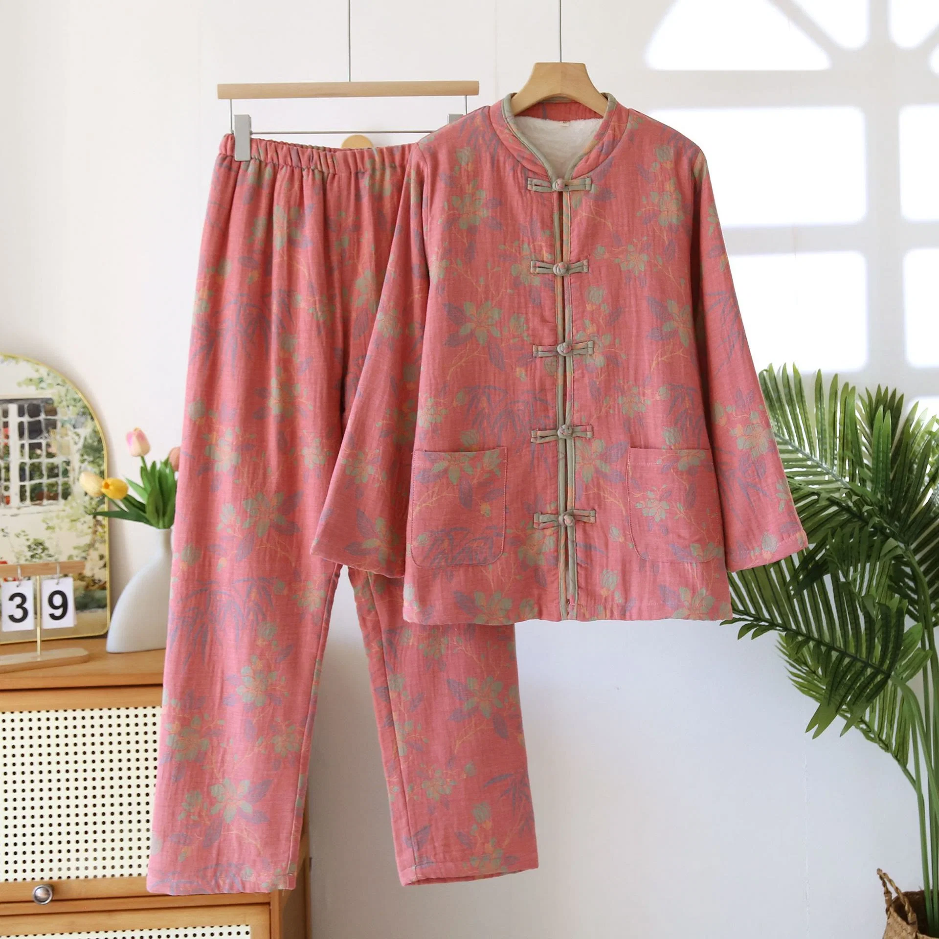 Traditional Ownkoti Yarn-dyed Floral Cotton Flannel Pajama Set Efficient
