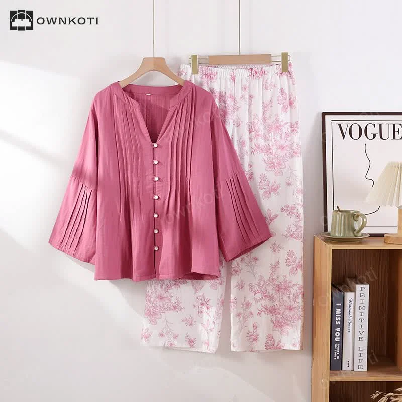 Fine Ownkoti Floral Casual Cotton Gauze Pajama Set Authentic
