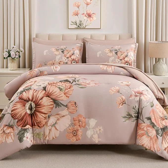 Traditional Queen Comforter Set – 7 Pieces Bed in a Bag Khaki Floral Queen Comforter Set with Sheets Soft Microfiber Flower Complete Bedding Set for All Seasons（Khaki 90 quot x90 quot ） Exceptional