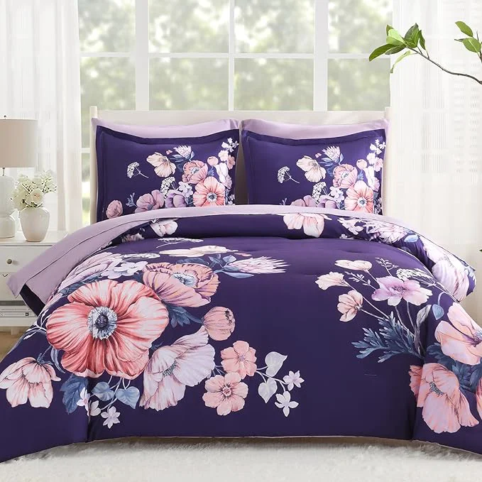 Traditional Queen Comforter Set – 7 Pieces Bed in a Bag Dark Purple Floral Queen Comforter Set with Sheets Soft Microfiber Flower Complete Bedding Set for All Seasons（Dark Purple 90 quot x90 quot ） Effective