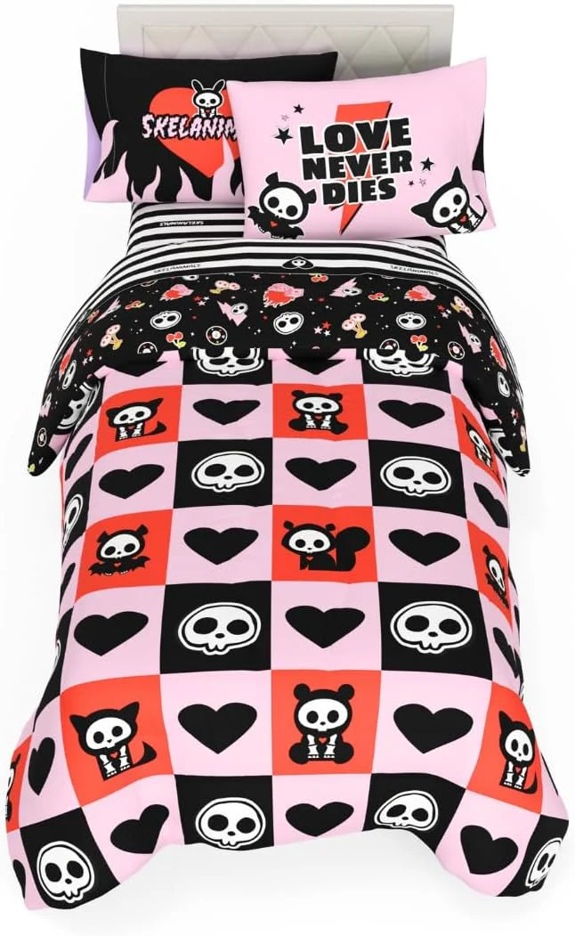 Environmentally Friendly Skelanimals Bedding 5 Piece Twin Bed Set Soft Checkered Comforter and Sheet Set with Sham Kit The Cat ly Licensed Product by Franco Collectibles Premium Material