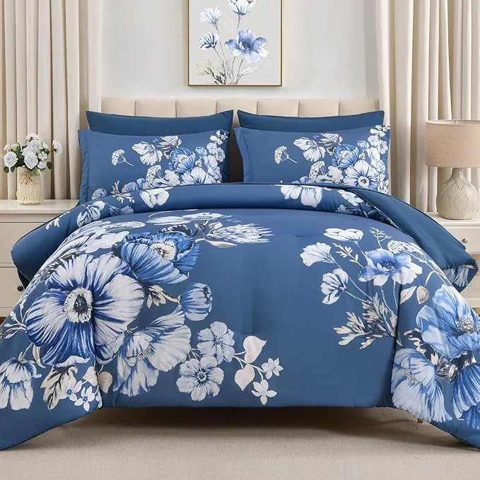 Superior King Size Comforter Set – 7 Pieces Floral Comforter and Sheet Set Blue King Size Bed in a Bag Soft Microfiber Flower Complete Bedding Set for All Seasons（Blue 104 quot x90 quot ） Elite