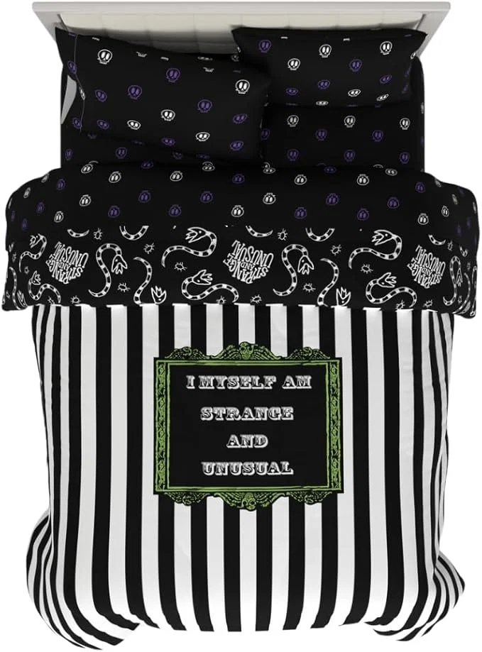Environmentally Friendly Franco Collectibles Beetlejuice Halloween Striped Bedding 5 Piece Super Soft Reversible Comforter and Sheet Set Queen ly Licensed Product Traditional