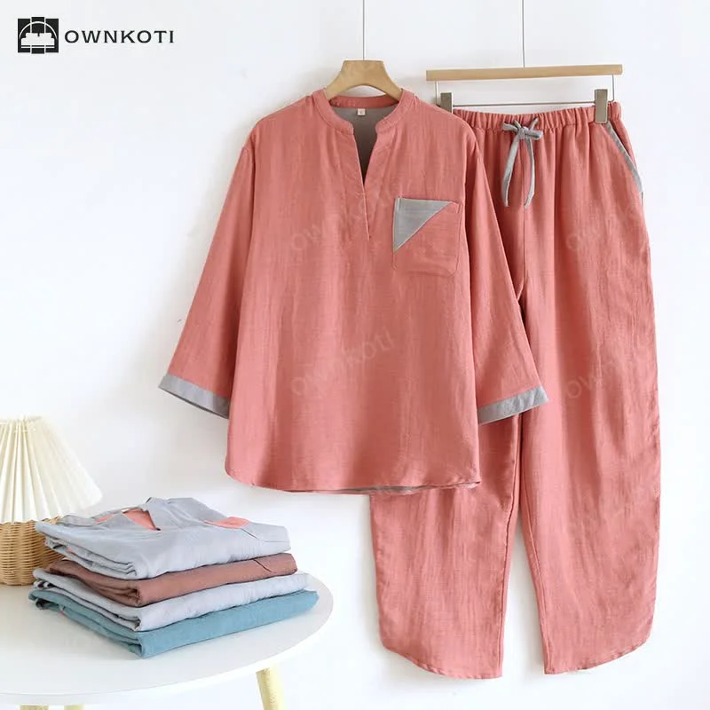 Comfortable Ownkoti Colorblock Double Layer Cotton Gauze Pajama Set Fine
