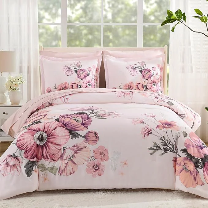Top-Quality King Size Comforter Set – 7 Pieces Floral Comforter and Sheet Set Pink King Size Bed in a Bag Soft Microfiber Flower Complete Bedding Set for All Seasons（Pink 104 quot x90 quot ） Green