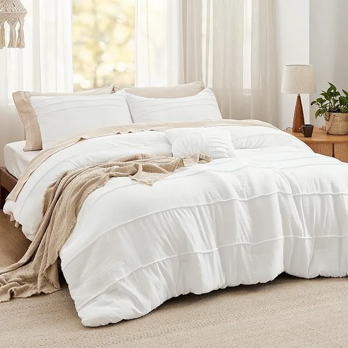 Solid Bedsure White Queen Comforter Set – 4 Pieces Pinch Pleat Bed Set Down Bedding Sets for All Season 1 Comforter 2 Pillowcases 1 Decorative Pillow Traditional