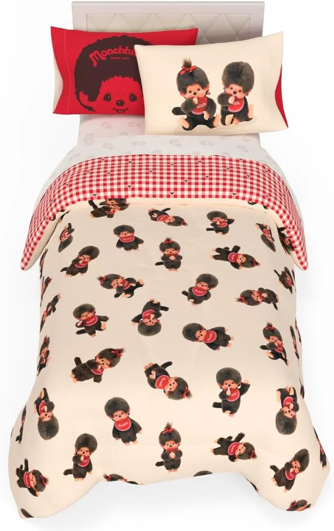 Green Monchhichi Bedding 5 Piece Twin Bed Set Soft Cozy Nostalgia Reversible Comforter and Sheet Set with Sham ly Licensed Product by Franco Advanced