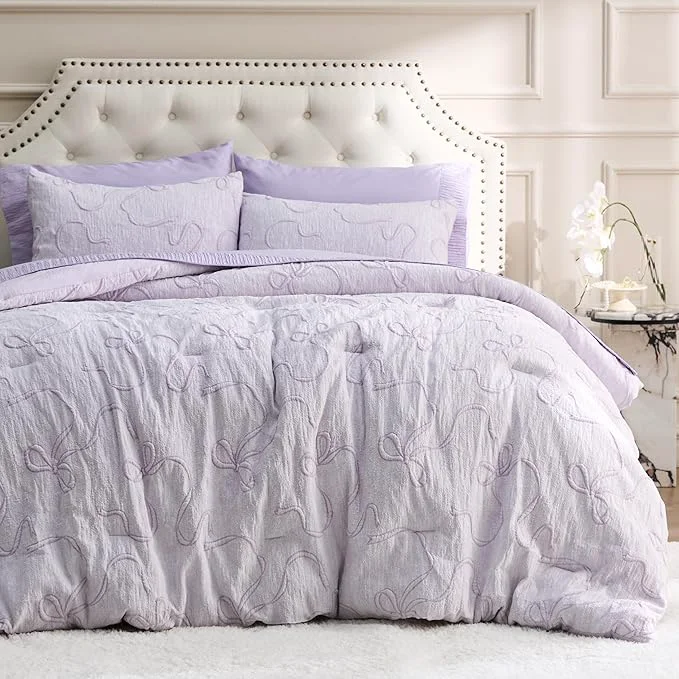 Pure Bedsure Lavender Comforter Set Queen GentleSoft™ 3 Pieces Breathable Bow Comforter Set Women Girls with 2 Pillow Shams Cute Queen Bedding Sets Room Decor Aesthetic Bedroom Decor 90×90 Inches Trendy