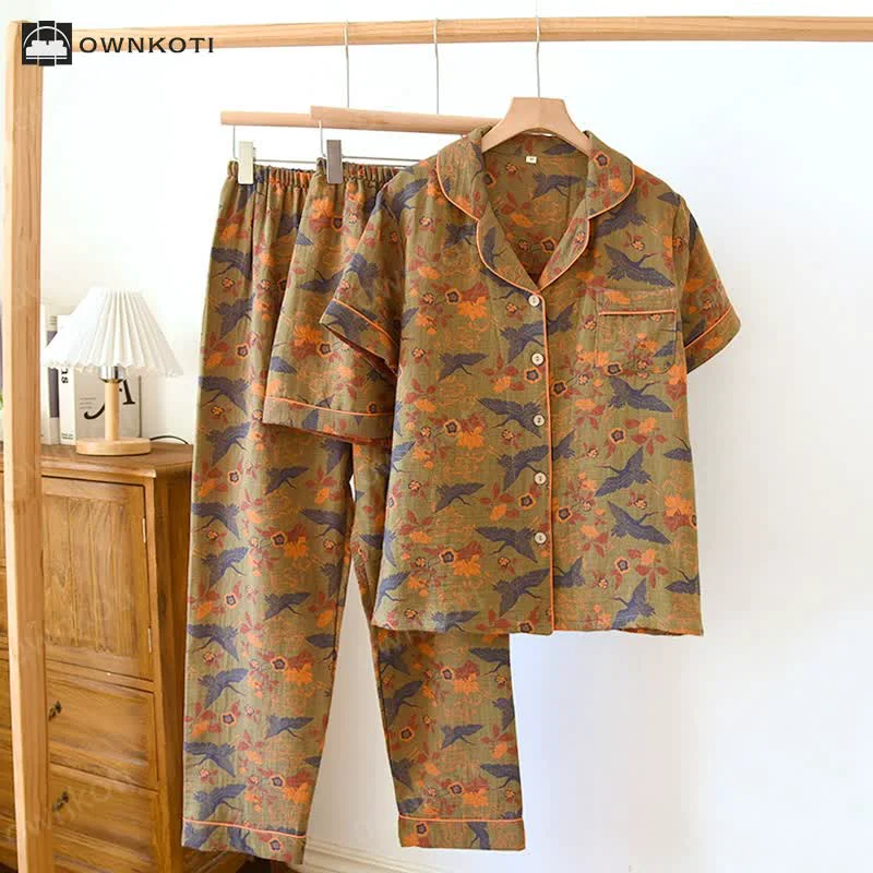 Original Ownkoti Jacquard Floral Bird Cotton Pajama Set 3PCS Verified