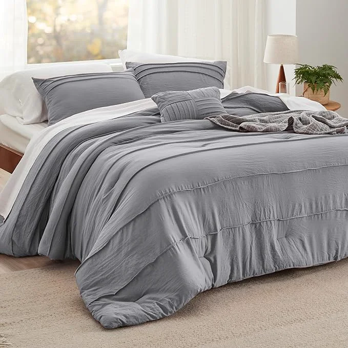 World-Class Bedsure King Comforter Set – 4 Pieces Pinch Pleat Bed Set Grey Boho Bedding for All Season 1 Soft Comforter 2 Pillowcases 1 Decorative Pillow High-Performance