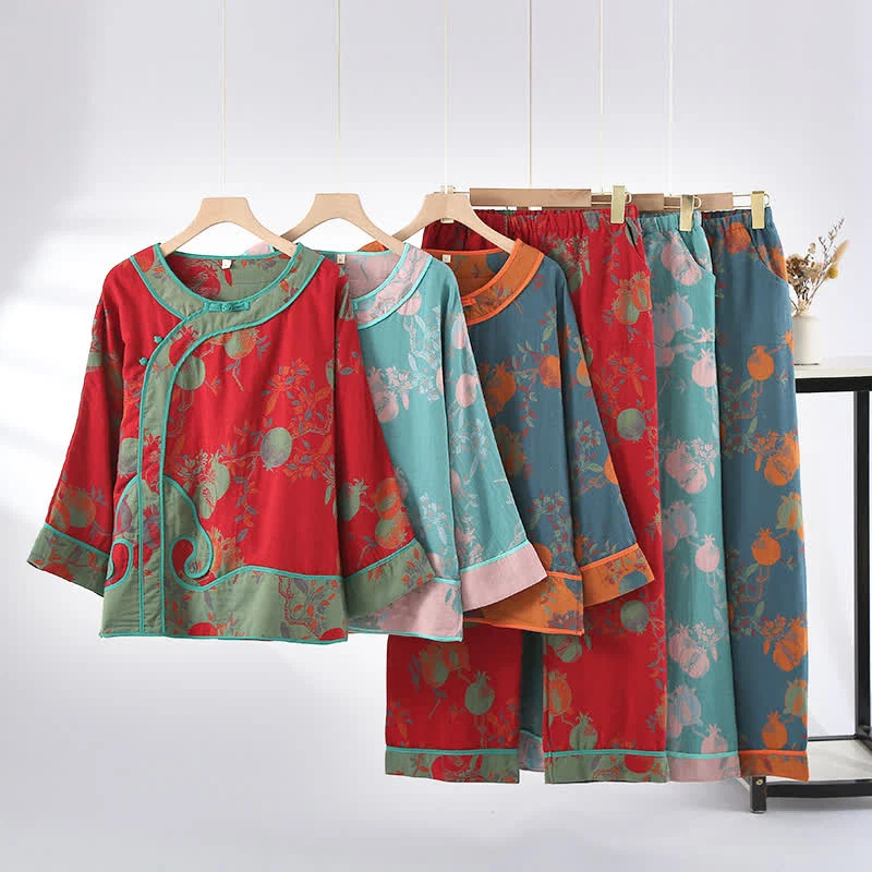 Green Ownkoti Jacquard Pomegranate Cotton Gauze Nightwear Set Relaxed