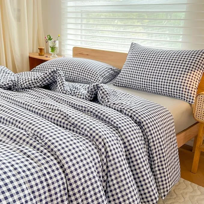 Effective NSNLGSGC Queen Comforter Set Navy Gingham Bedding Comforter Sets Blue Grid Bed Comforter 3 Pieces 1 Comforter 2 Pillowcases Sustainable