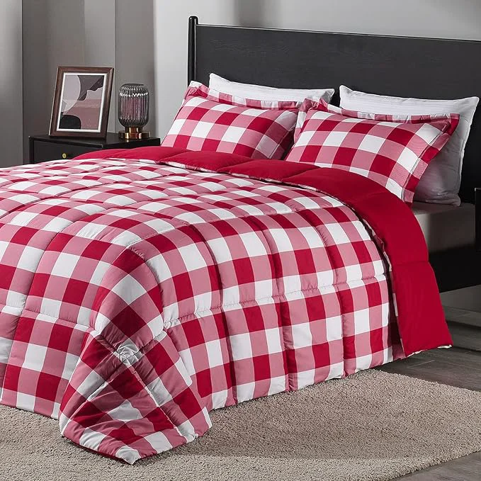 Specialty downluxe Lightweight Plaid Comforter Set Queen with 2 Pillow Shams – 3-Piece Set – Red White Plaid – Down Reversible Comforter High-Performance