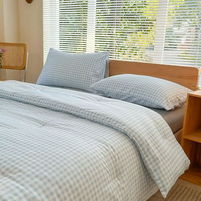 Long-Lasting NSNLGSGC Queen Comforter Set Light Blue Gingham Bedding Comforter Sets Blue Grid Bed Comforter 3 Pieces 1 Comforter 2 Pillowcases Specialty