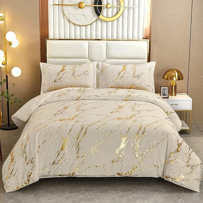 Easy-to-Use WONGS BEDDING Khaki Gold Metallic Marble Comforter Set Queen Foil Print Glitter Bedding Sets with 2 Pillowcases for All Seasons Soft Microfiber Filling Bedding Duvet Set 90 quot x90 quot Consistent