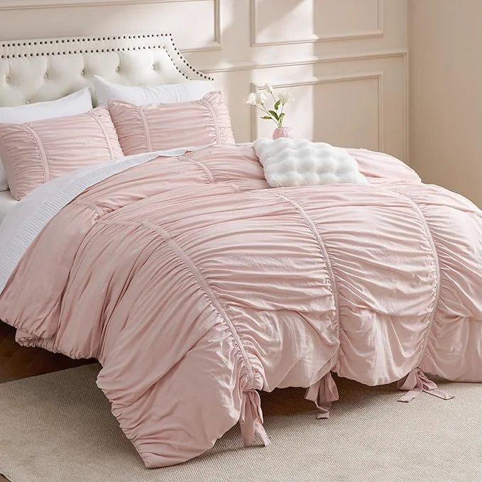 Environmentally Friendly Bedsure Ruched Comforter Set with Bow Trim Pink GentleSoft™ 3 Pieces Bow Shabby Chic Bedding Pink Room Decor Queen Boho Bedding for Girls Teens Women 1 Bed Comforter 2 Pillow Shams 90×90 Inches Smart