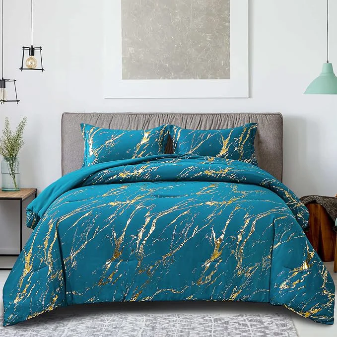 Secure WONGS BEDDING Teal Gold Metallic Marble Comforter Set Queen Foil Print Glitter Bedding Sets with 2 Pillowcases for All Seasons Soft Microfiber Filling Bedding Duvet Set 90 quot x90 quot Easy-to-Use