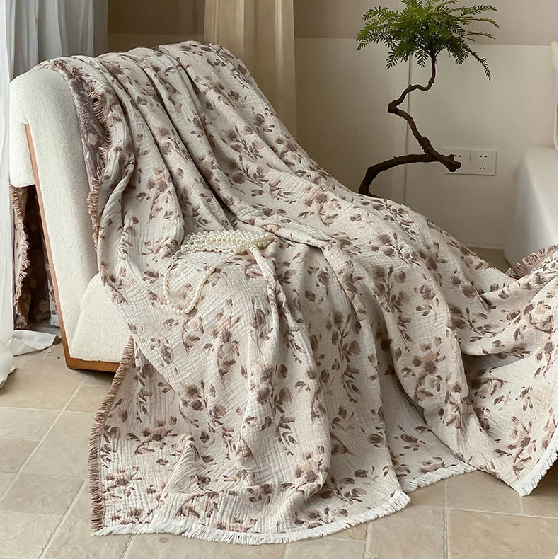 Professional Ownkoti Vintage Floral Cotton Gauze Tassel Reversible Blanket Convenient