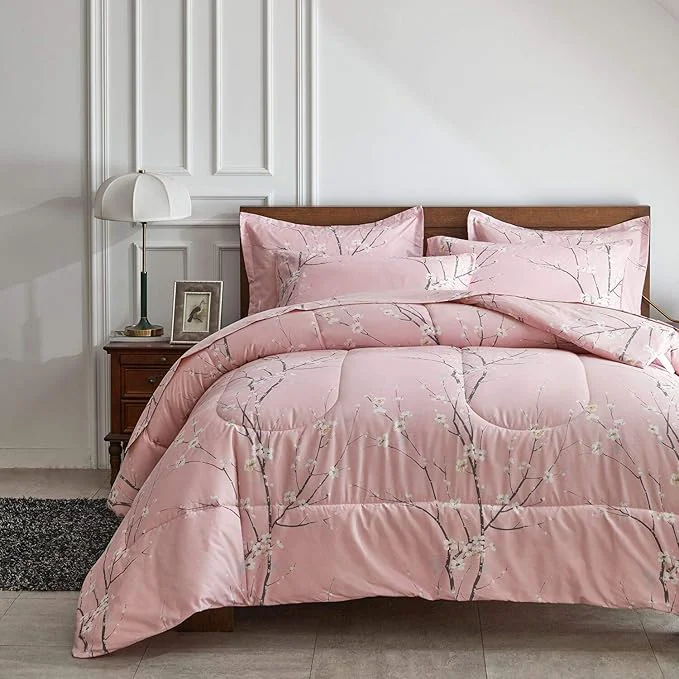 High-End AIKASY Bed in a Bag 7 Pieces Queen Size – Floral Print – Soft Microfiber Reversible Bed Comforter Set 1 Comforter 2 Pillow Shams 1 Flat Sheet 1 Fitted Sheet 2 Pillowcases （Pink） Natural