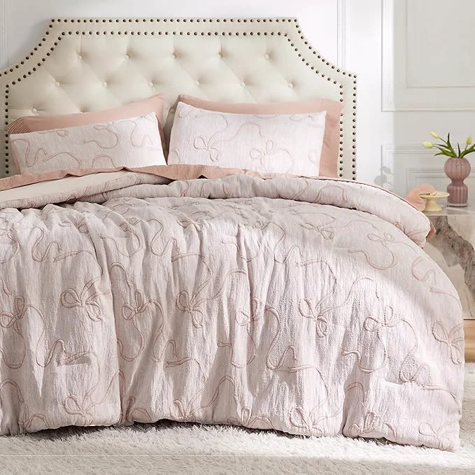 Efficient Bedsure Pink King Size Comforter Set GentleSoft™ 3 Pieces Breathable Bow Comforter Set Women with 2 Pillow Shams Cute King Bedding Set Pink Room Decor Aesthetic Bedroom Decor 104×90 Inches Luxury