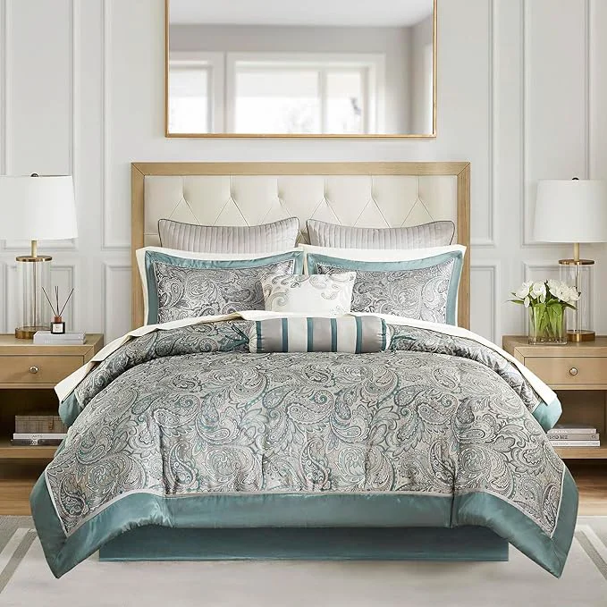 Practical Madison Park Aubrey Cozy 12 Piece Comforter Set amp Sheet Luxe Faux Silk Jacquard Paisley Design – All Season Down Bedding with Cotton Bed Sheets Bedskirt Toss Pillows King Teal Specialty