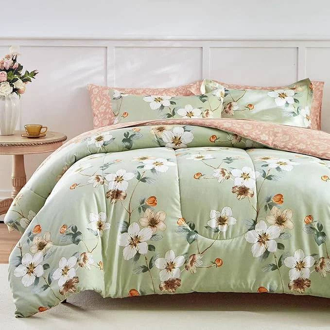 Premium Material AIKASY 7 Piece Floral Comforter Set Queen Size – Soft Microfiber Bed in a Bag with Sheet Set for All Seasons – Green Flower Botanical Design – Reversible Bedding Set Reusable
