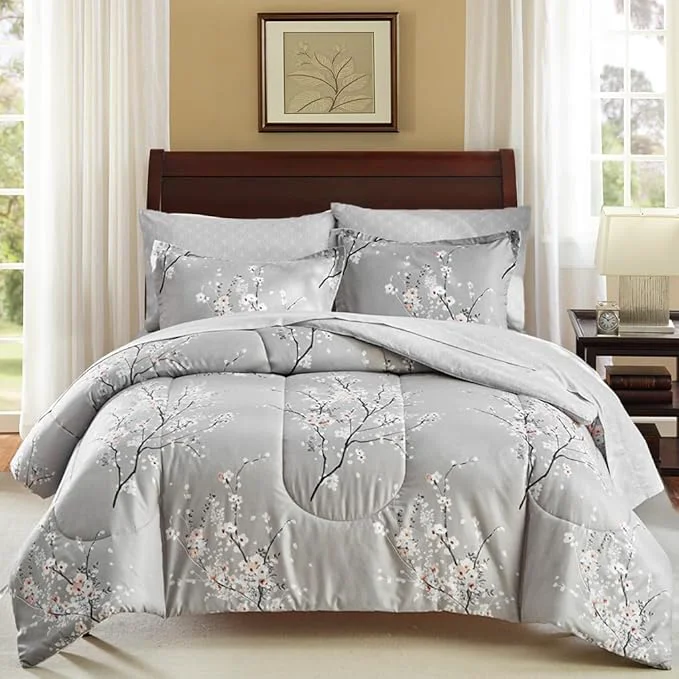 Original Design AIKASY Bed in a Bag 7 Pieces Queen Size – Floral Print – Soft Microfiber Reversible Bed Comforter Set 1 Comforter 2 Pillow Shams 1 Flat Sheet 1 Fitted Sheet 2 Pillowcases （Grey Queen） Breathable