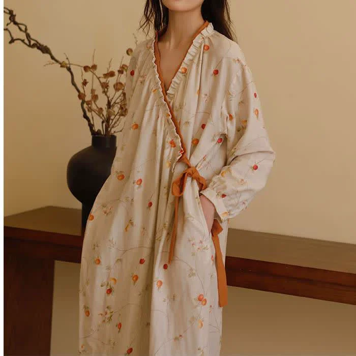 Original Ownkoti Cotton Gauze Rural Pomegranate Nightdress Fine Crafted
