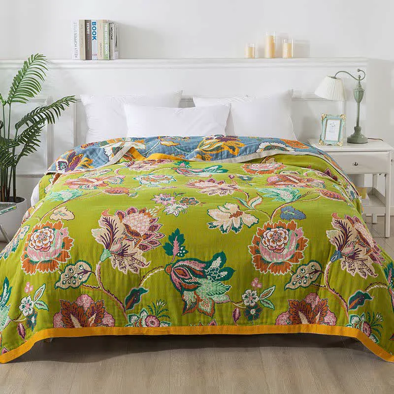 Dependable Ownkoti Colorful Floral Cotton Gauze Reversible Quilt Natural