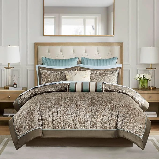 Premium Material Madison Park Aubrey Cozy Comforter Set Faux Silk Jacquard Paisley Design – All Season Down Bedding with Cotton Bed Sheets Bed Skirt amp Toss Pillows California King Blue 12 Piece Authentic