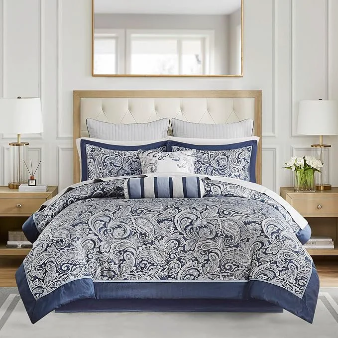 Professional Madison Park Aubrey Cozy Comforter Set Faux Silk Jacquard Paisley Design – All Season Down Bedding with Cotton Bed Sheets Bed Skirt amp Toss Pillows Queen Navy 12 Piece Solid