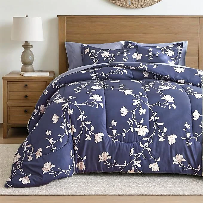 Excellent AIKASY Bed in a Bag Queen Comforter Set，7 Pieces Floral Comforter Set Bedding Sets with 1 Comforter 2 Pillow Shams 1 Flat Sheet 1 Fitted Sheet 2 Pillowcases Navy Queen Fine Crafted