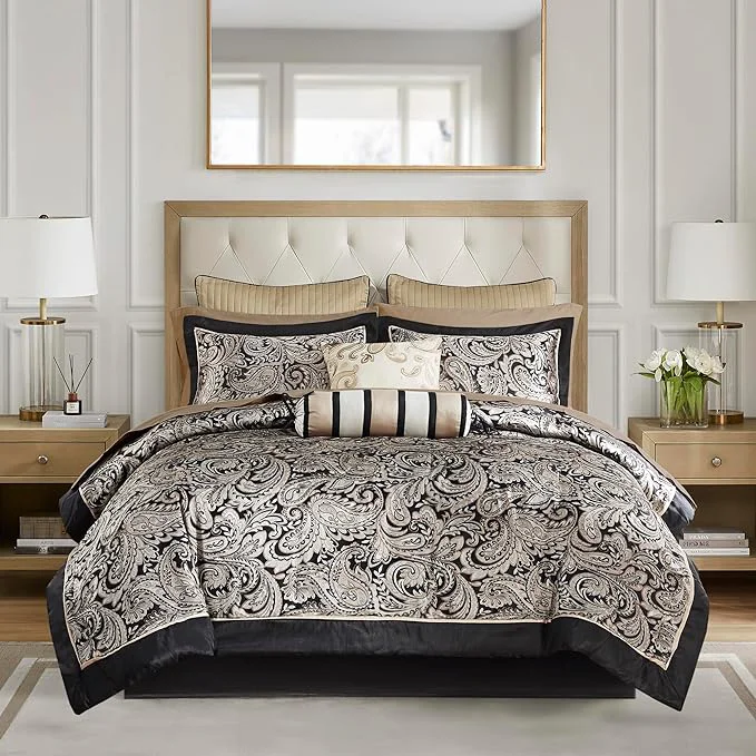 Secure Madison Park Aubrey Cozy Comforter Set Faux Silk Jacquard Paisley Design – All Season Down Bedding with Cotton Bed Sheets Bed Skirt amp Toss Pillows California King Black 12 Piece Casual