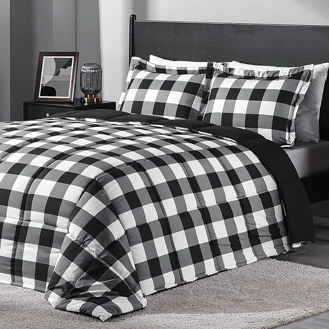Pure downluxe Lightweight Plaid Comforter Set King with 2 Pillow Shams – 3-Piece Set – Black White Plaid – Down Reversible Comforter Trusted