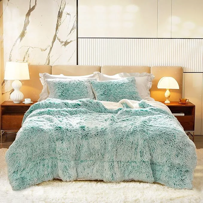 Superior Luxury Faux Fur Shaggy Comforter Set King Size Plush amp Sherpa Reversible Comforter Teal with White 3 Pieces Fluffy Fuzzy Bedding Set Ultra Soft and Warm for Winter 1 Comforter 2 Pillowcases Official
