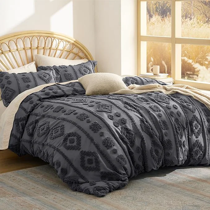 Efficient Bedsure Boho Tufted Grey Comforter King Size GentleSoft™ 3 Pieces Boho Farmhouse Decor Bedding Exquisite Shabby Chic Bedding for All Seasons 1 Bed Comforter 2 Pillow Shams 104×90 Inches Durable