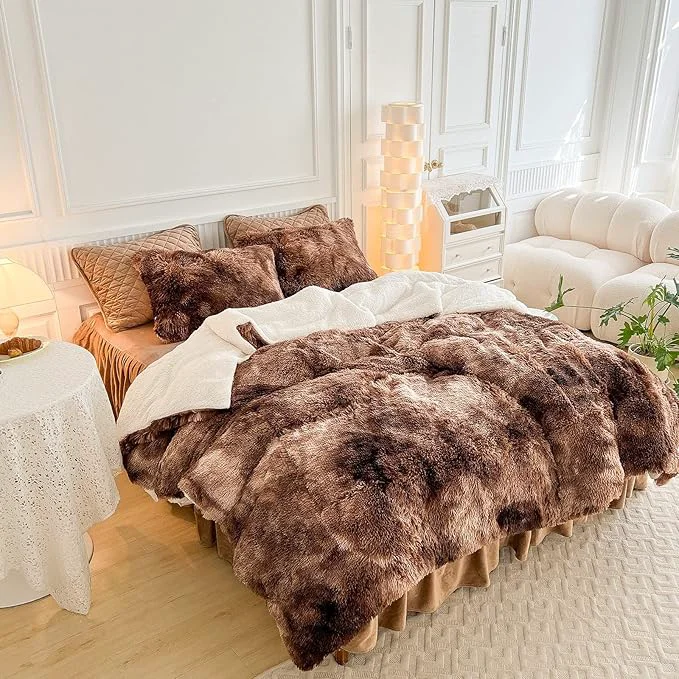Consistent Luxury Faux Fur Shaggy Comforter Set Full Queen Size Plush amp Sherpa Reversible Comforter Tie Dye Coffee 3 Pieces Fluffy Fuzzy Bedding Set Ultra Soft and Warm for Winter 1 Comforter 2 Pillowcases Exclusive