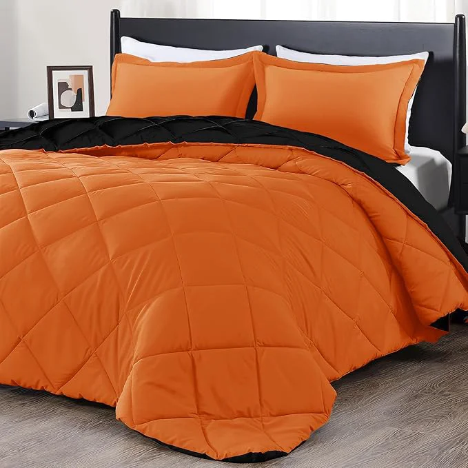 Elegant downluxe Queen Comforter Set – Orange and Black Queen Comforter Soft Bedding Sets for All Seasons -3 Pieces – 1 Comforter 88 quot x92 quot and 2 Pillow Shams 20 quot x26 quot Solid