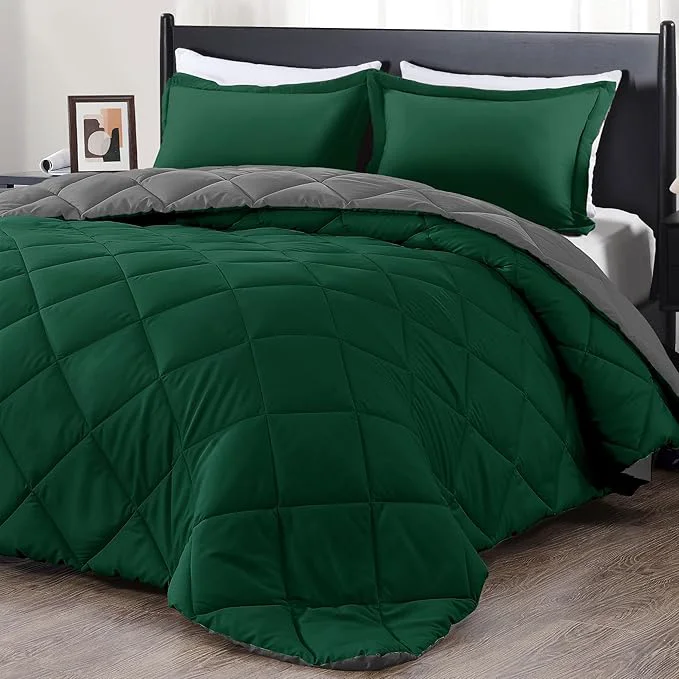 Casual downluxe Twin Comforter Set – Dark Green and Grey Twin Comforter Soft Bedding Sets for All Seasons -2 Pieces – 1 Comforter 66 quot x92 quot and 1 Pillow Sham 20 quot x26 quot Original Design