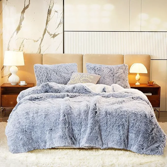 Pure Luxury Faux Fur Shaggy Comforter Set Full Queen Size Plush amp Sherpa Reversible Comforter Grey with White 3-Piece Fluffy Fuzzy Bedding Set Ultra Soft and Warm for Winter 1 Comforter 2 Pillowcases Trusted